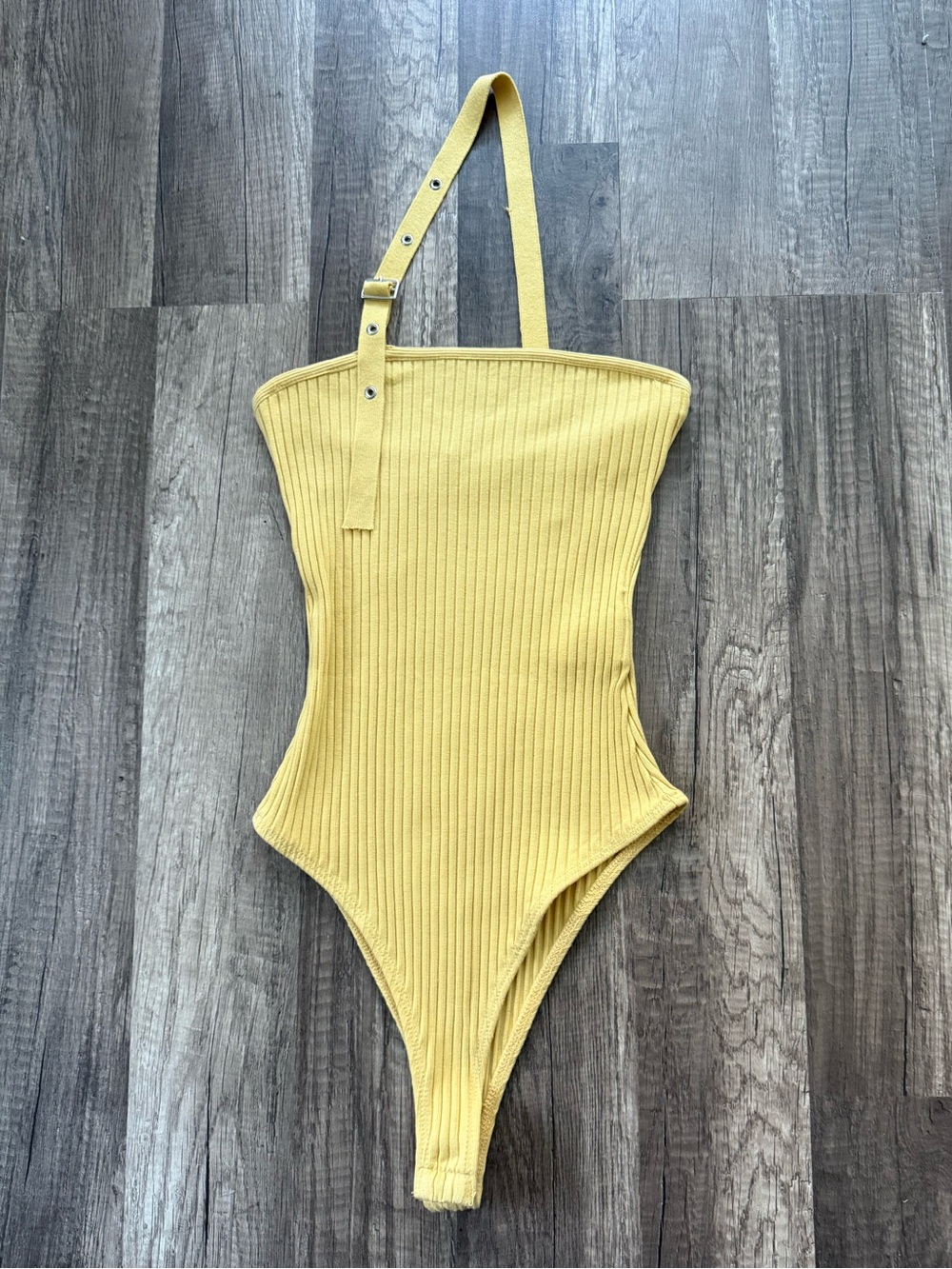Zara Mustard Yellow Ribbed One Shoulder Bodysuit S Y2K Buckle Strap